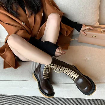 

Mordoan Genuine Cow Leather Martin boots women's thick heel lace up British style women's round toe lace up brown short boots