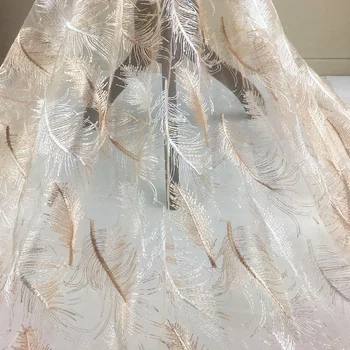 

White Gold Mixed Feather Embroidery Lace Fabric Airy Tulle Net Polyster Material For Curtain Dress lace DIY Clothes Accessories