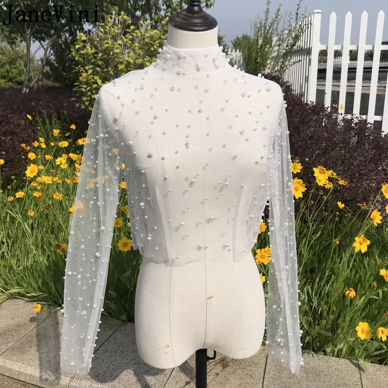 JaneVini 2021 Elegant Ivory Tulle Shrug Wedding Coat Bridal Capes for Wedding Dress Long Sleeves Pearls Women Evening Wrap Shawl