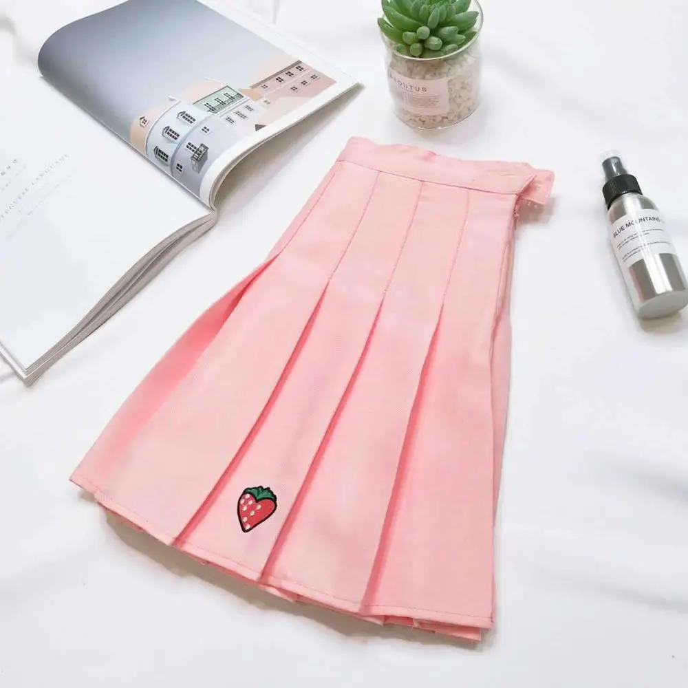 XS-2XL летние юбки для женщин Harajuku юбка хлопок милые разноцветные юбки Свободные плиссированные юбки вышитые юбки с клубникой - Color: Pink