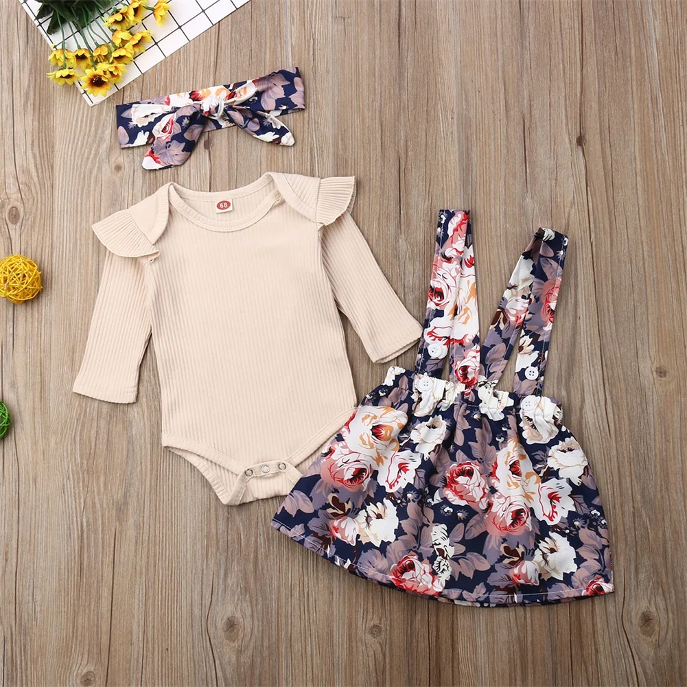 Emmababy комплект одежды из 3 предметов, Одежда для новорожденных девочек однотонное боди с длинными рукавами и оборками, платье с цветочным принтом на бретельках повязка на голову с бантом