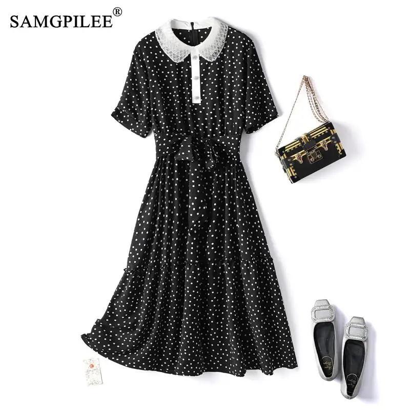 

Женское шифоновое платье в горошек, облегающее платье выше колена с отложным воротником, украшенное бисером, в Корейском стиле, лето 2022