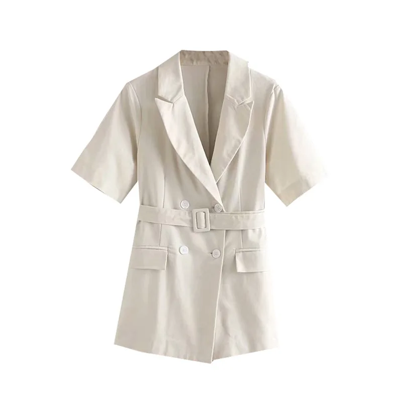 

Australia Non-mainstream Retro Solid Color Casual Short Sleeve Double Breasted with Belt Mid-length Suit Jacket Cotton Linen Top