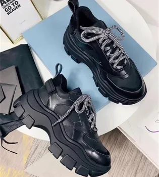 

2021 New Black Women Sneakers 8CM Thick Sole Platform Shoes Woman Genuine Leather Flats Tenis Feminino Trainers Daddy Shoes