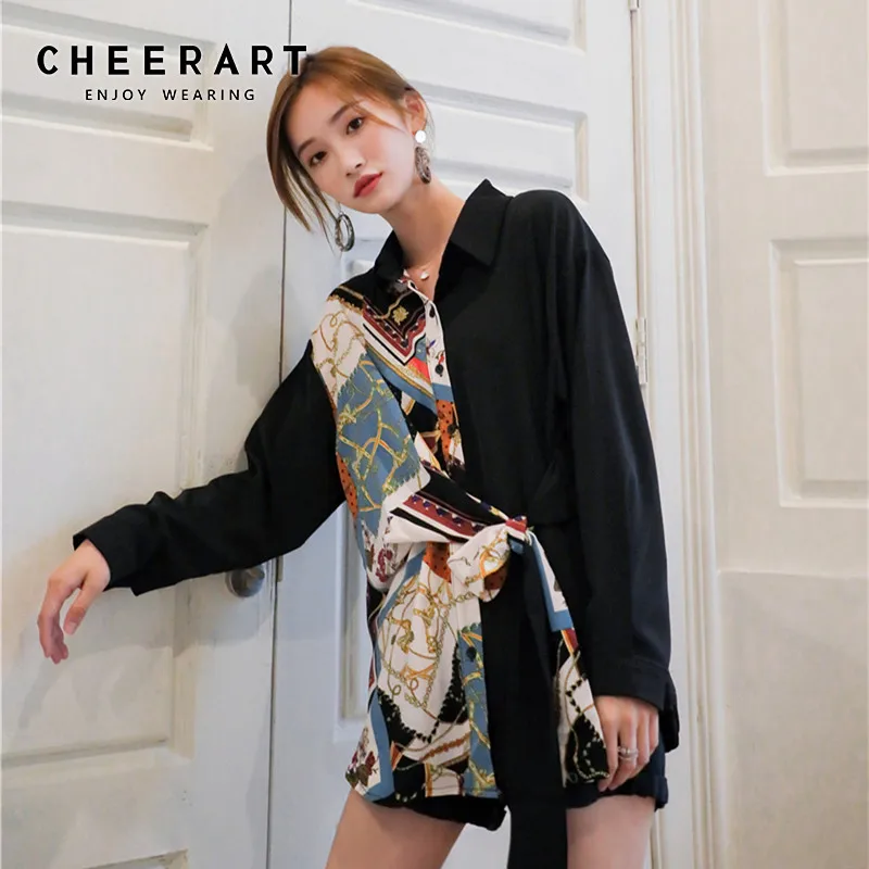 

Cheerart 2019 Autumn Women Long Blouse Long Sleeve Button Up Shirt Lace Up Chain Print Black Tops And Blouses High Fashion