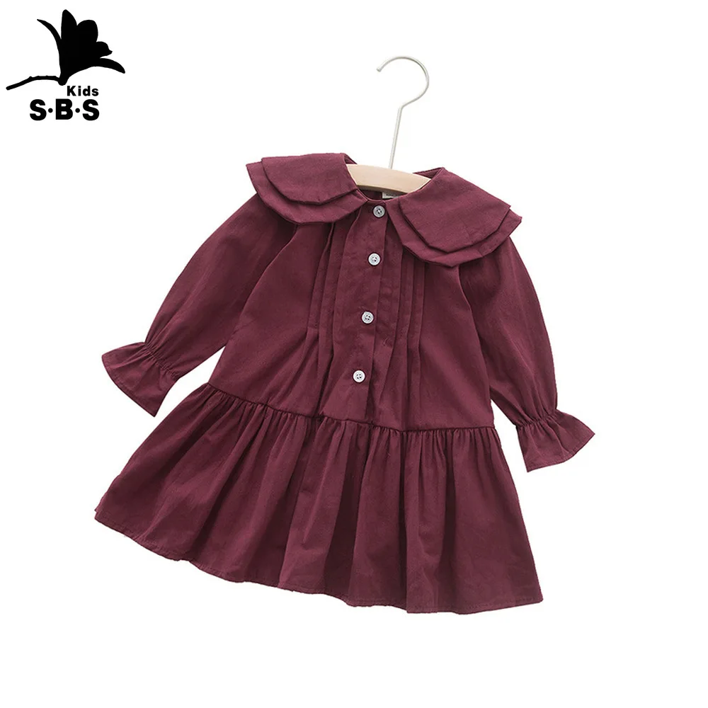 Новое поступление повседневные платья с 2 слоями с воротником в стиле «Питер Пэн» Однотонная одежда хлопок Школьное платье одежда с длинным рукавом платье для маленьких девочек