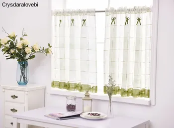 

2pcs Simple Pastoral Style Kitchen Curtain High Quality Linen Cloth Curtain with Green Lace Rod Pocket Curtain for Window/door