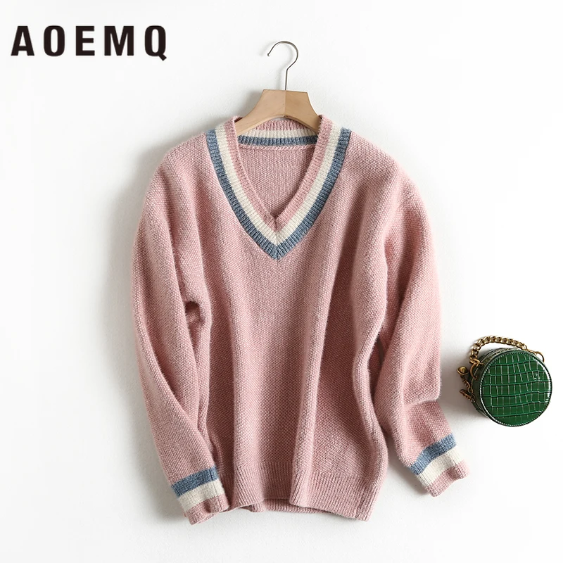 Skup AOEMQ swetry w stylu casual grube 4 kolory cukierki stałe dekolt ciepłe miękkie pulowery zimowy sweter luźne kobiety topy sweter odzież