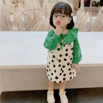 

2020 Wholesale New Girls 2 Pcs Set Ruffles Shirt+Dots Dress Girls Suits 1-6t PO907