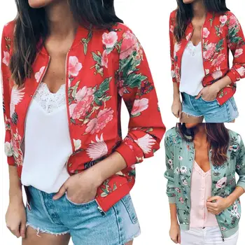 

Autumn Fashion Women Floral Print Bomber Jacket Zipper Long Sleeve Coat Outwear