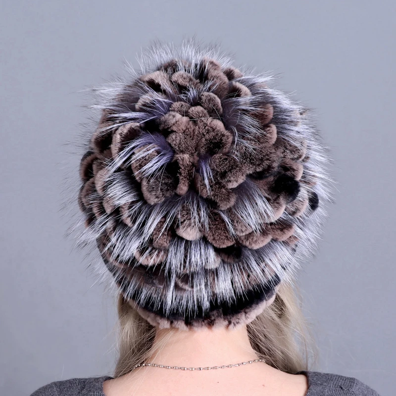 Меховые шапки для женщин зимние шапки из натурального кролика Рекс Цветочные вязаные женские теплые зимние шапки женская элегантная шапка принцессы