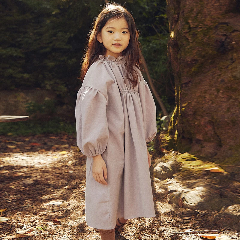 Girls Retro Long-Sleeve Cotton And Linen Dress Spring Autumn Children Lantern Sleeve Casual Loose Princess Dresses