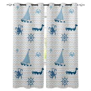 

Wave Sailing Octopus And Whale Window Curtains Living Room Kitchen Curtains for Bedroom Left and Right Biparting Open Curtains
