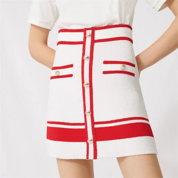 

Runway Design High Waist Striped Summer 2020 Stretchy Mini Skirts Button A Line Zippers Bottoms Knit Female Short Skirts Ladies