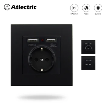 

Atlectric EU FR Standard Socket PC Plastic Panel Socket With Dual USB Ports Universal Socket Outlet Plug French Standard