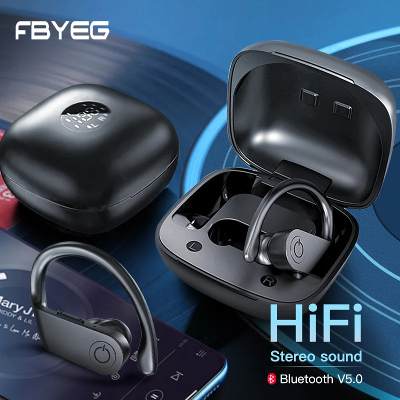 FBYEG TWS Wireless Bluetooth Headphones HiFi HD Headset Sports Waterproof Stereo Bass Earbuds Ear Hook Earphone Handsfree Mobile