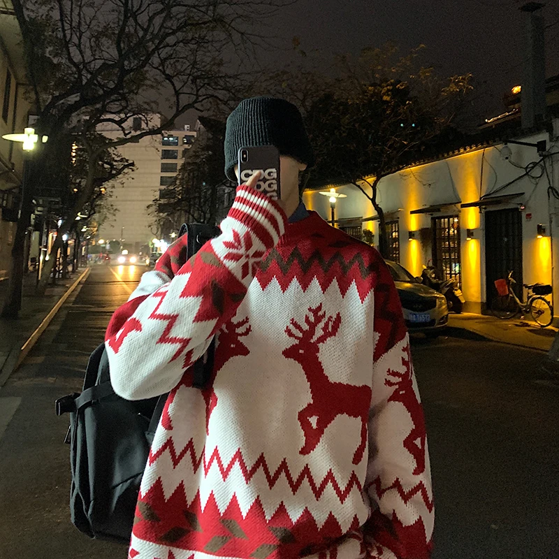 

Winter Men's Long Sleeve Clothes Coats Spelling Christmas Colors Woolen Sweater Animal Pattern Pullover Cashmere Knitting M-XL