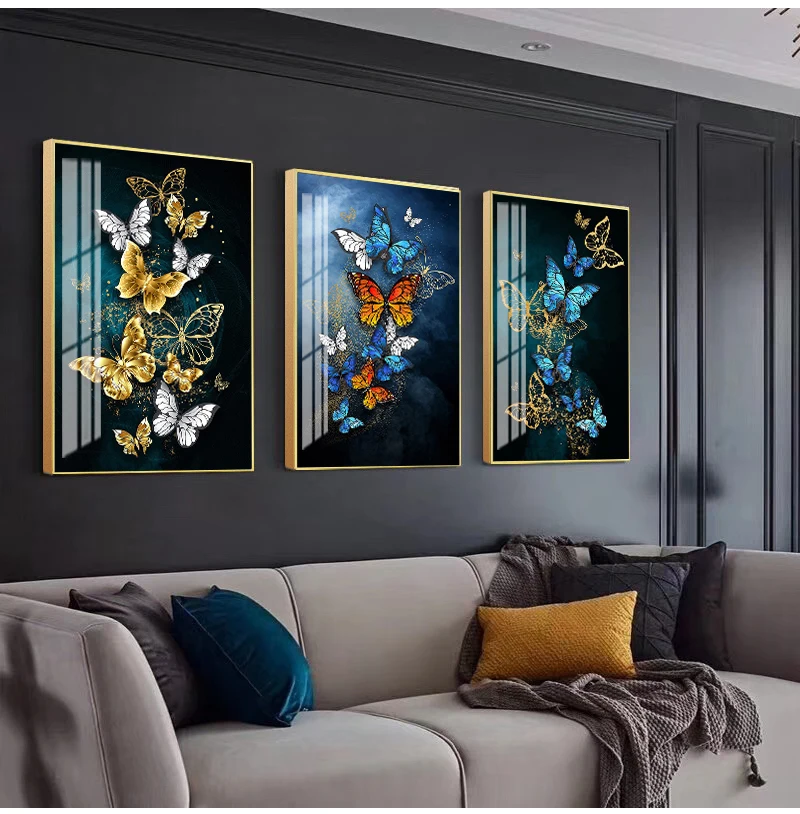 Room Cuadros Salon Big yelloow butterfly n Print Abstract Golden Blue Butterfly Wall Art Modern Wall Pictures For Living