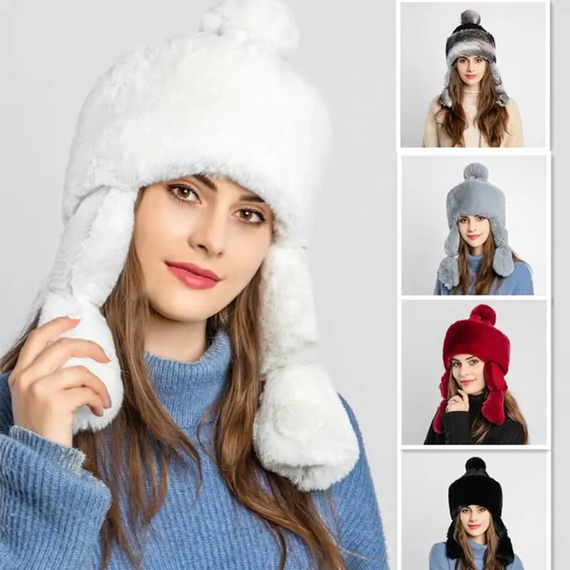 

Womens Fluffy Plush Knitted Winter Earflap Hat Cute Pompom Russian Trapper Cap