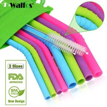 WALFOS 11 Pieces/Set Reusable Silicone Straws Set Extra Long Flexible Straws Bar Accessories with Cleaning Brushes Bag