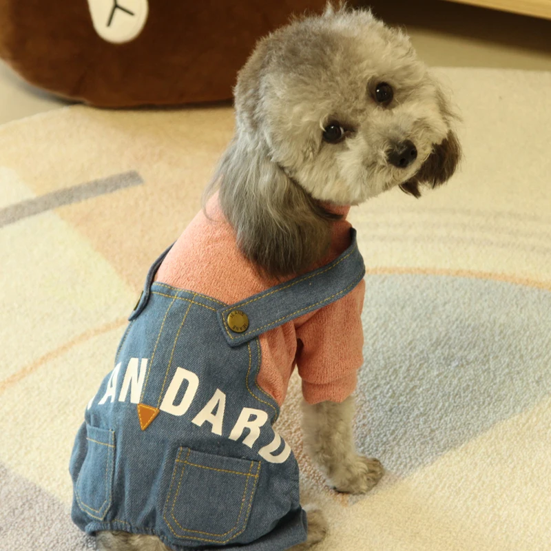 

Autumn and Winter Printed Letter Denim Overall Pet Clothes Spring and Autumn Four-legged Pet Clothing Teddy Dog Clothes