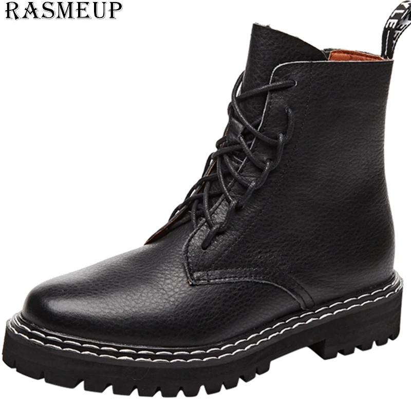 

RASMEUP Plus Size Genuine Leather Women's Platform Martin Boots 2019 Winter Warm Women Chunky Boot Comfortable Women Shoes