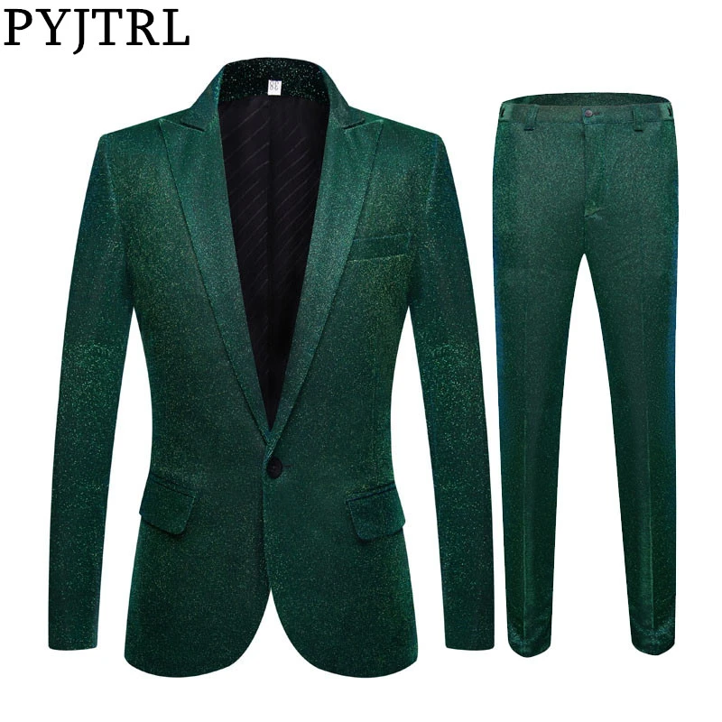 

PYJTRL Fashion Shiny Green Blue Purple 2 Pieces Set Wedding Suits For Men Party Prom Tuxedos DJ Singers Costume Homme Chorus