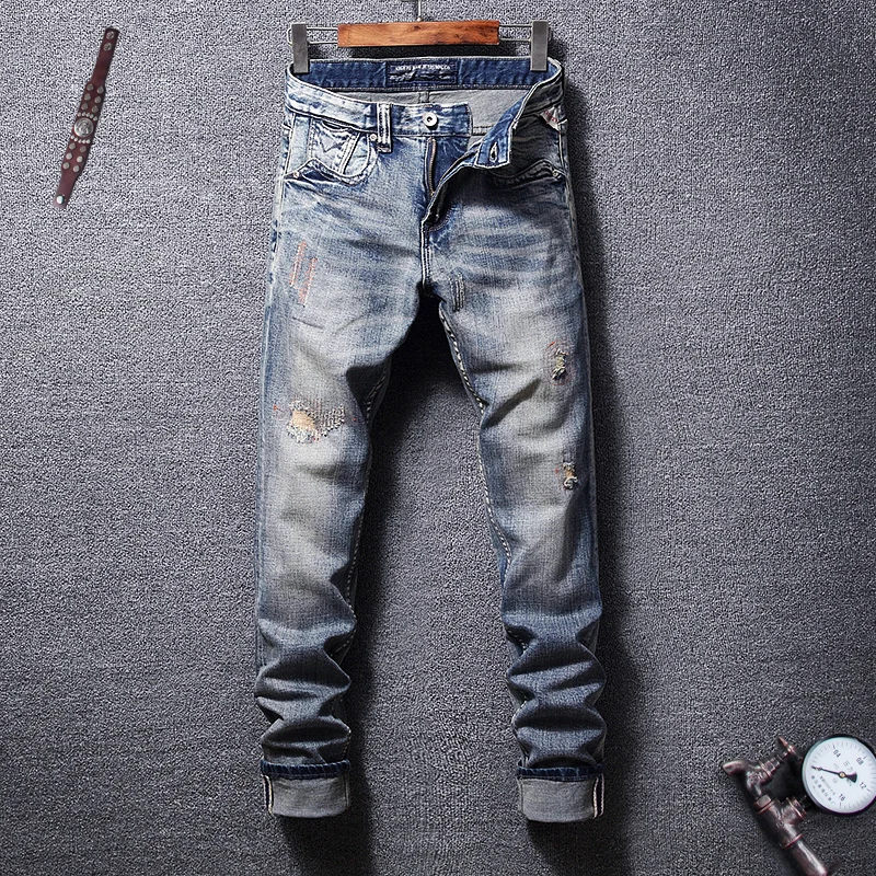 

Italian Style Fashion Men Jeans Retro Blue Slim Fit Ripped Jeans Men Patchwork Denim Pants High Quality Hip Hop Jeans Homme