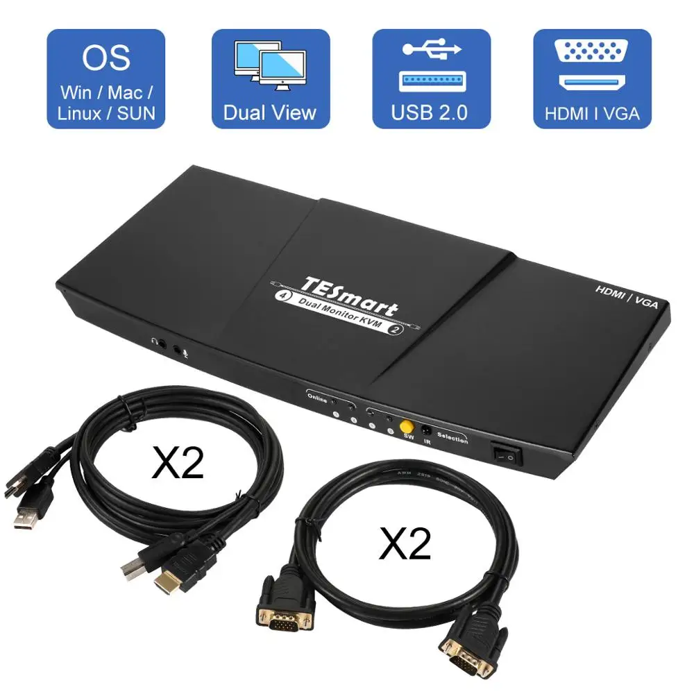 

4K HDMI Dual Monitor KVM Switch 4 Port Input (2 HDMI +2VGA) 2 Port Output(HDMI) KVM Switch HDMI Support USB 2.0 4K@30Hz 4 Cables