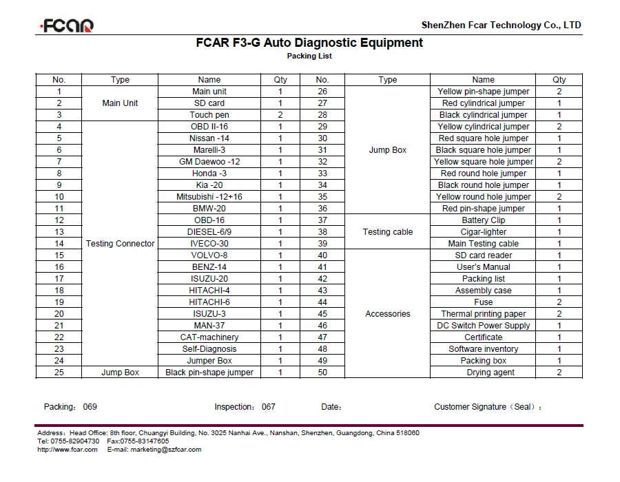 FCAR F3-G PACKING LIST