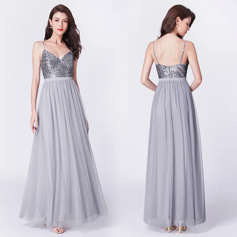 Это Yiya элегантное вечернее платье с v-образным вырезом Спагетти ремень Длинные вечерние платья Блестящие Блестки Серебряный строгий халат de Soiree C406