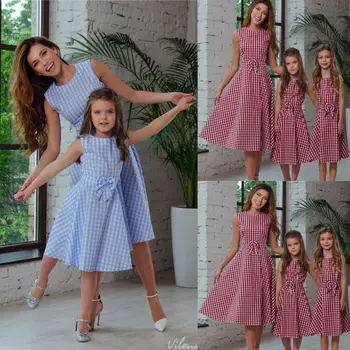 

Family Mother And Daughter Matching Dress Sleeveless Summer Plaid Bowknot Dresses Sundress Outfits Clothing