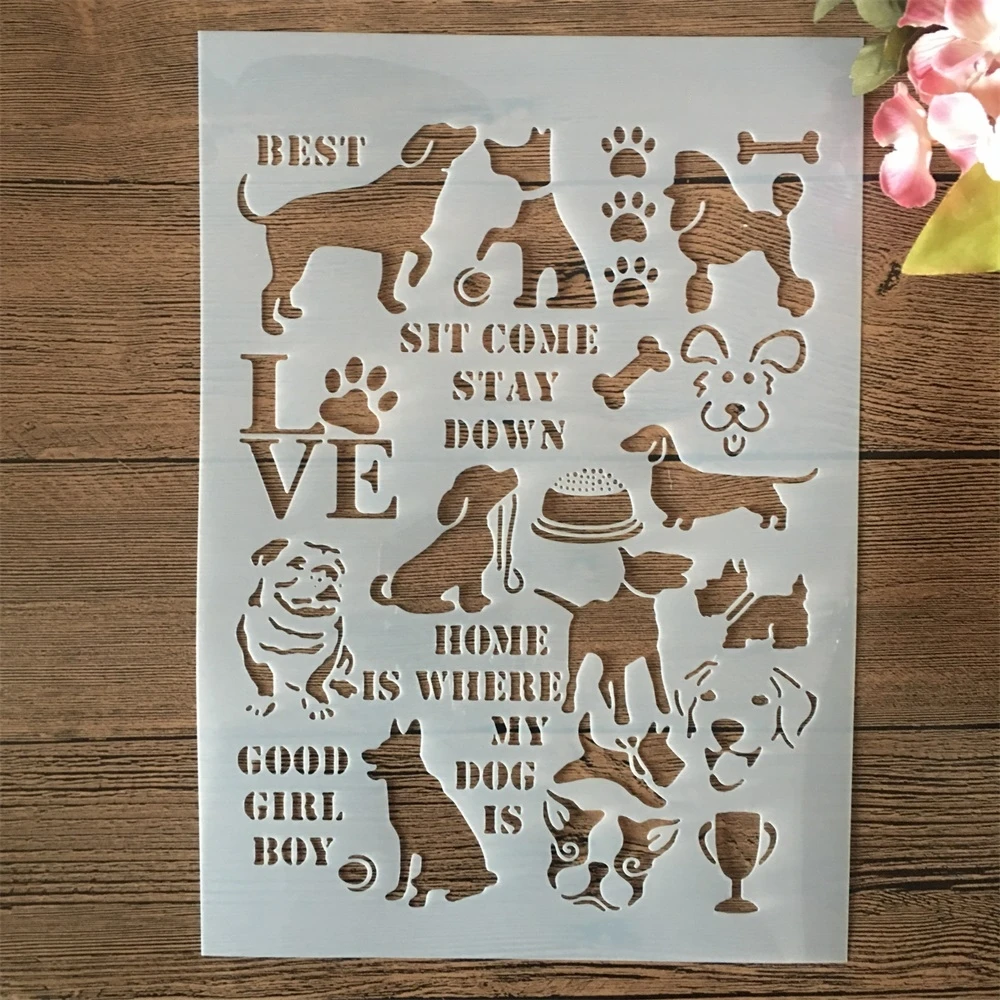 

A4 29cm Cute Dogs Words Paw DIY Layering Stencils Wall Painting Scrapbook Embossing Hollow Embellishment Printing Lace Ruler