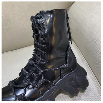 

Punk Black Ankle Boots Shoes For Woman Lace Up Back Zipper Lady Platform High Heels Ankle Short Boot Patent Leather Winter Shoes