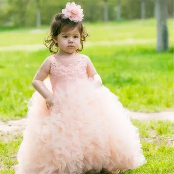 

Peach Coral Lace Flower Girl Dresses Formal Girl For Weddings Ball Gowns Long Communion Kids Girls Pageant Gowns