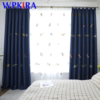 

Kids Bedroom Blackout Curtain Navy Blue Thicked Linen Fabric Cartoon Embroidery Cute Cat Window Drapes for Living room WP131D3