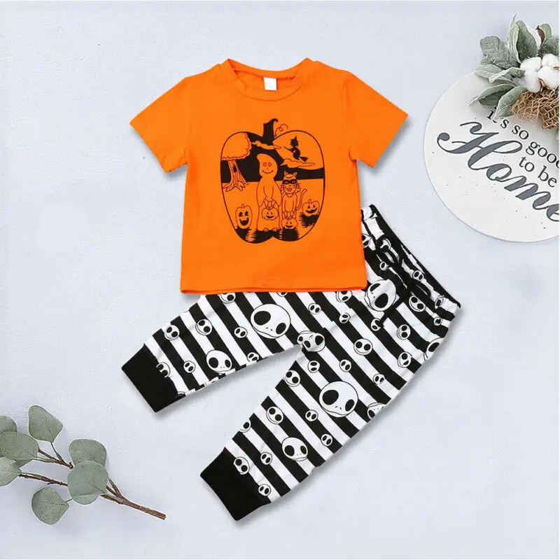 2019 Brand Newborn Baby Boy Girl Halloween Pumpkin Top T-shirt Stripe Pants Clothes Sets Casual Costume Outfits