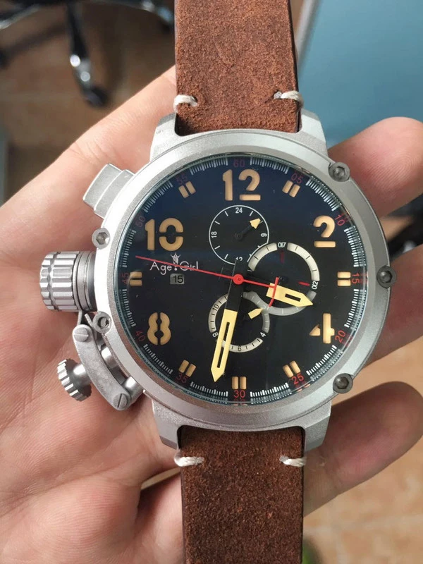 Новые автоматические механические мужские часы U CHRONOMETER U1001 U-51 Chimera Серебристая состаренная коричневая коровья кожа лодка часы черный золотой желтый