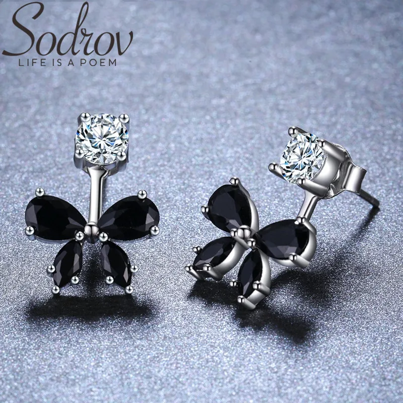 

SODROV 925 Sterling Silver Earrings Black Spinel Bow-knot Wedding Stud Earrings for Women Sterling Silver Jewelry I046