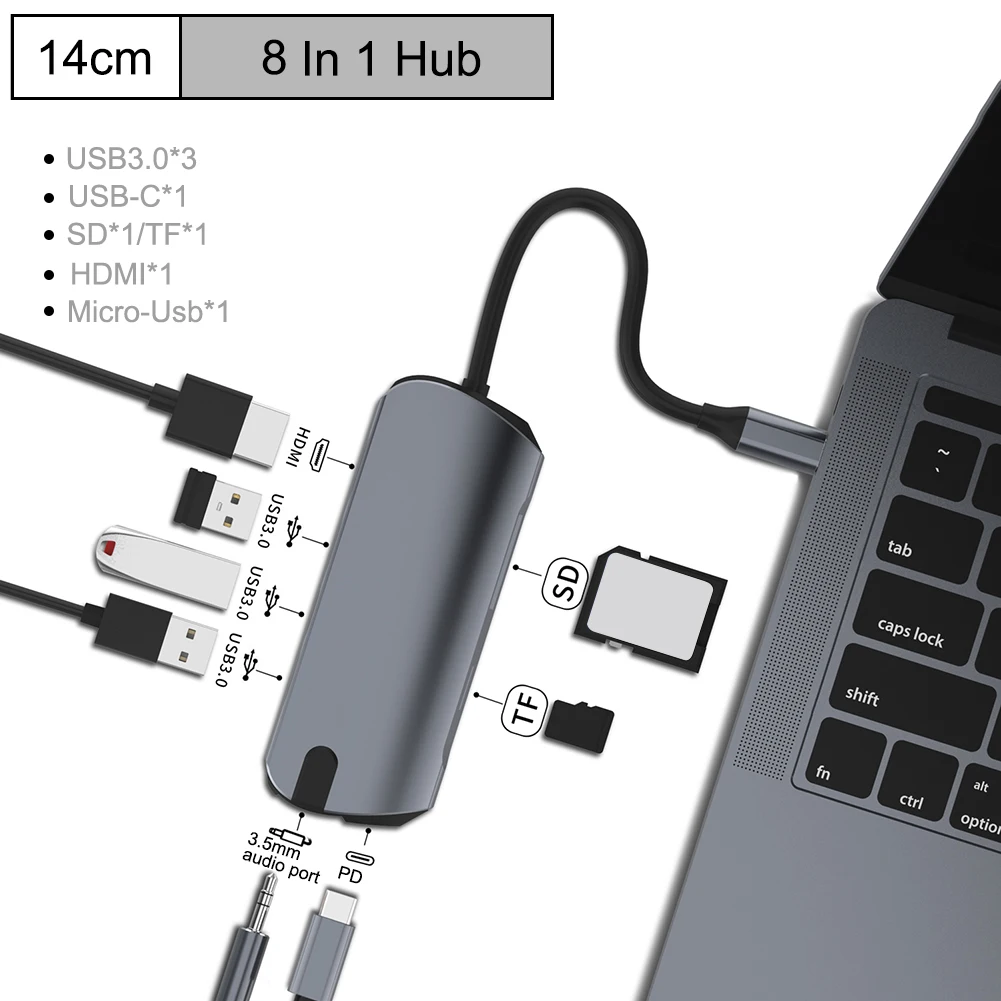 Type c концентратор для мульти-Хаба USB 3,0 HDMI 4 K/SD/TF кард-ридер/PD зарядка аудио/RJ45 адаптер для MacBook Pro type c usb-хаб - Цвет: 8-in-1with 3.5mm