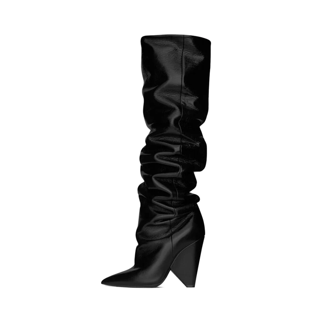 HARAVAL Handmade Woman Winter Knee-high Boot High Quality Sexy Pointed Toe Spike Heel Shoes Solid Fashion Pleated Warm Soft Boot