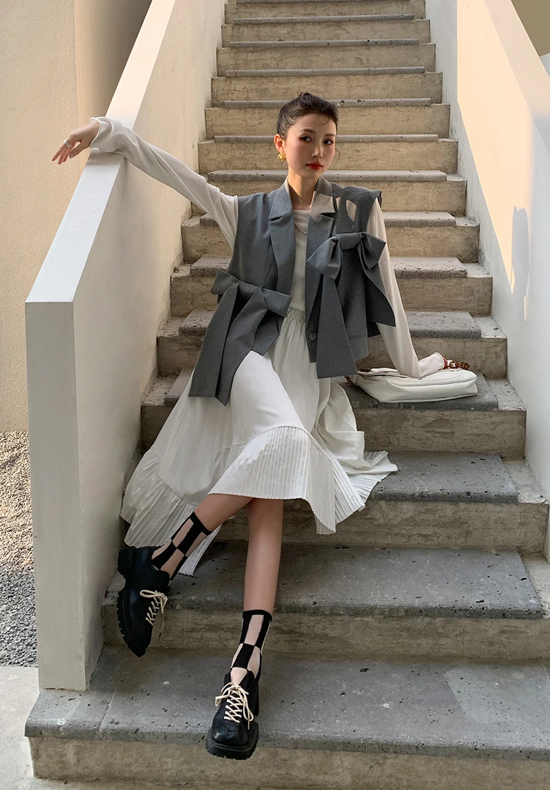 CHEERART Designer 2021 Fashion Women Gilet Grey Vest Bow Sleeveless Blazer Coat Loose Crop Jacket Single Button Waist Coat