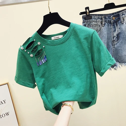 Новинка, Женская свободная футболка в Корейском стиле, 2XL, женские футболки с дырками, топы для студентов, футболка с короткими рукавами, топы, одежда - Цвет: green