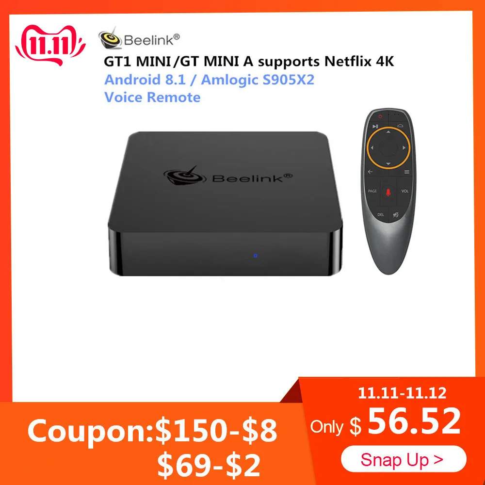 Kaufen Beelink GT1 MINI GTmini EINE Smart TV Box Android 8.1 Amlogic S905X2 Stimme Fernbedienung Set Top Box 4K 1000M bluetooth Media Player
