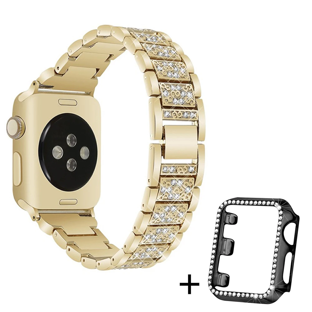 Gold-black case Ремешок со стразами+ чехол для Apple Watch 38 мм 42 мм металлические стразы сменный Браслет для женщин iWatch 40 мм 44 мм серия 5 4 - Цвет ремешка: Gold-black case