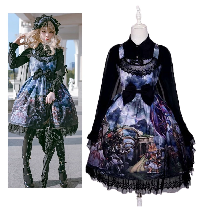 

2019 vintage gothic lolita dress dragon & knight cosplay costume print princess jsk dress party sleeveless bows gown dress