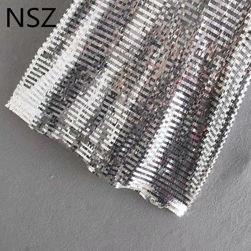 NSZ туфли, украшенные пайетками, с серебристыми переливами, Яркий Мини Вечерние Ночное платье с коротким рукавом с круглым воротником на молнии; Элегантные Короткие Клубное вечернее платье vestidos