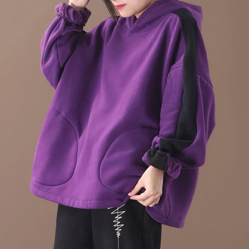 Purple Зимние женские толстовки с капюшоном, толстовки Mori Girl, большие размеры, Femininos, Повседневный пуловер с капюшоном, бархатная утепленная верхняя одежда, пальто AFC292 - Цвет: Purple