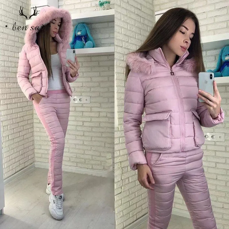 Женский зимний модный однотонный комплект из пальто и штанов с меховым
