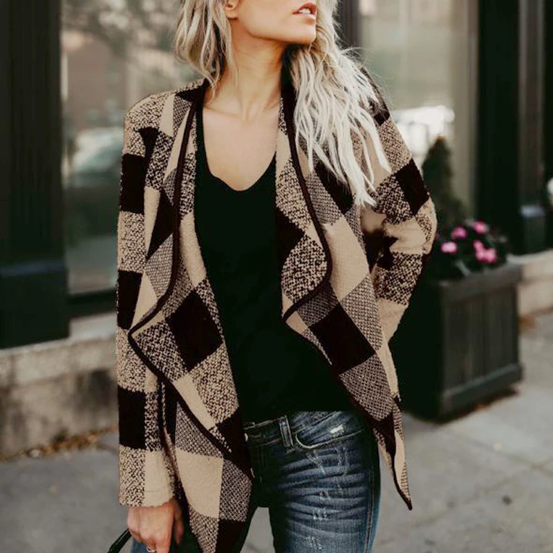 Клетчатое шерстяное пальто для женщин 2019 Повседневная Свободная куртка с